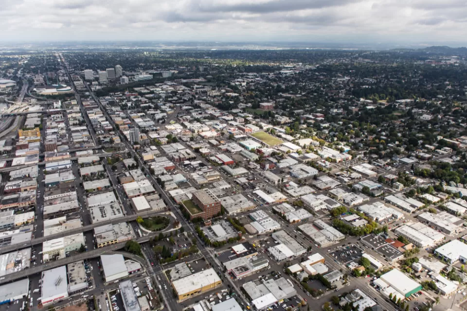 An aerial image of the neighborhood of Buckman in Portland, Oregon.